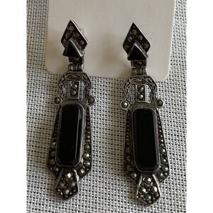 Vintage 925 Sterling Silver Black Onyx Marcasite Dangle Earrings Estate Jewelry